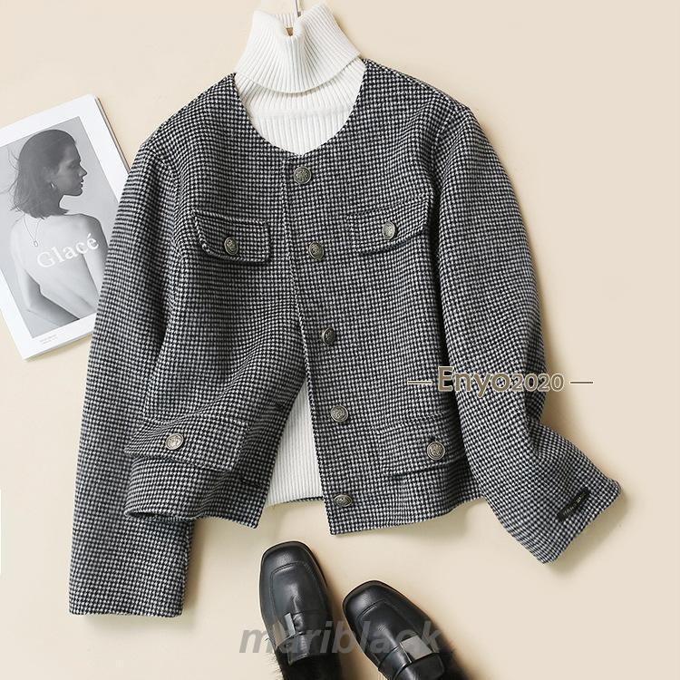 レディース 上品な雰囲気を堪能できる千鳥格子柄のウール地ノーカラーコート ショート丈 秋服 スプリングコート 冬服 大人 通勤 ビジネス 入学式 卒業式 ママ