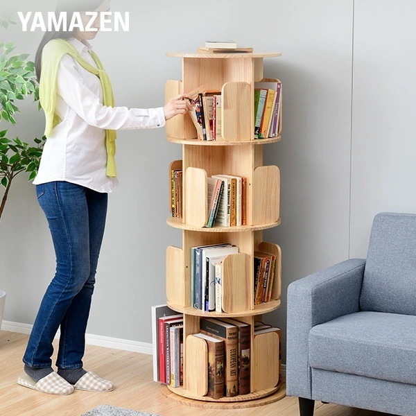 本棚 回転式 木製 4段 直径50 高さ132.5cm 360度回転 絵本棚 天板に物が置ける A4が入る高さ 天然木 漫画 書棚 ブックシェルフ 組立品