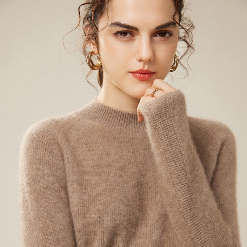 100% 純山カシミヤシャツ秋冬半高襟修身肩袖ニットセーター