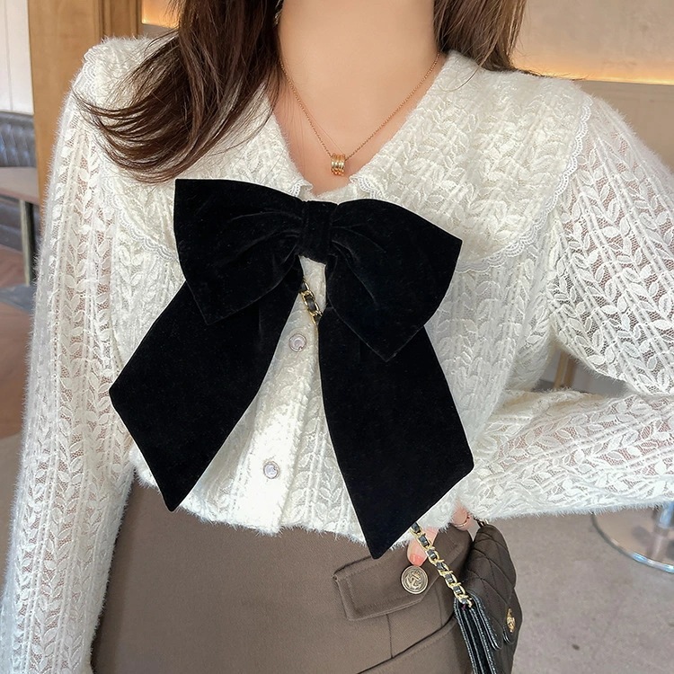 2L6Lホワイト 大きいサイズ ぽっちゃりさん トップス 大きいリボン 普段着 通勤 通学 旅行 お出かけ デート 卒業式 入学式大人可愛い 大きい襟 取外し大きいリボン 総レースシャツブラウス トッ