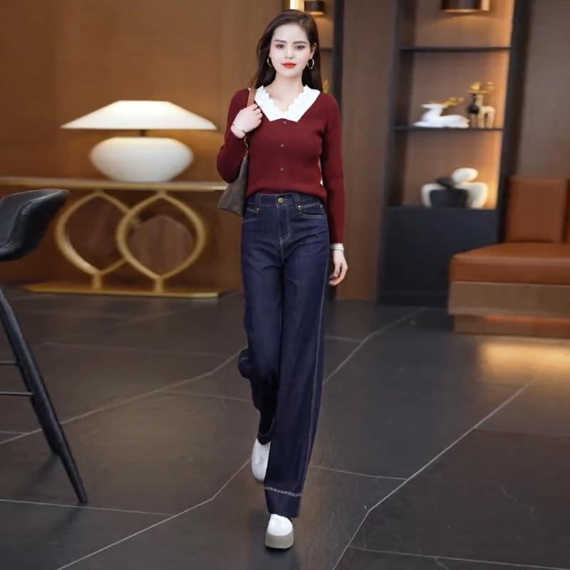 デニム パンツ ボトムス レディース ワイドジーンズ 春秋 ハイウエスト スリムフィット カジュアル 刺繍 ストレート 青