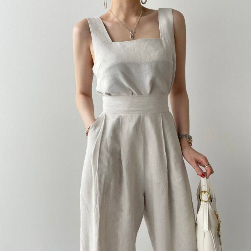 4color レディース セット セットアップ ノースリーブ 袖なし スクエアネック パンツ ロングパンツ 長ズボン ロング丈 ハイウェスト ハイウエスト 脚長効果 ワイドパンツ パーティー らく ラ