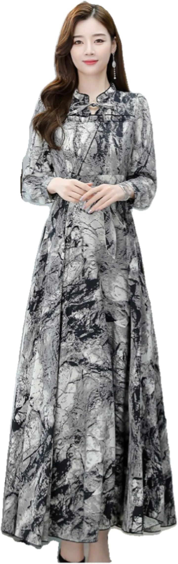 大理石柄 ワンピース レディース パーティードレス ロング Aライン リボン 長袖 きれいめ ハイウエスト L(グレー系, L RegularLong)