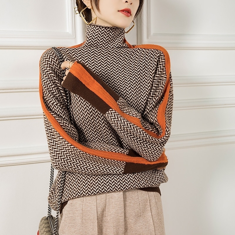 オーバーサイズ ヘリンボーン柄 配色ライン入り 袖口カラーブロック トップス セーター ミディアム丈