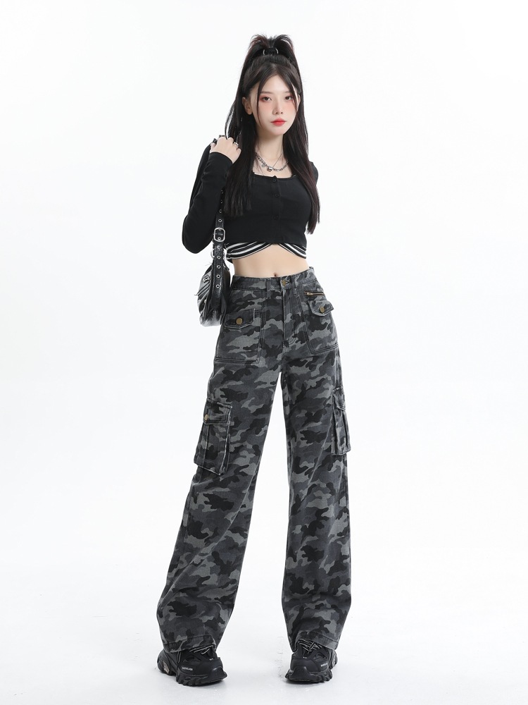 作業ズボンの女性2023新しい秋の迷彩パンツストレートルーズハイウエスト人気スパイシーガールカジュアルワイドパンツ 5,408円