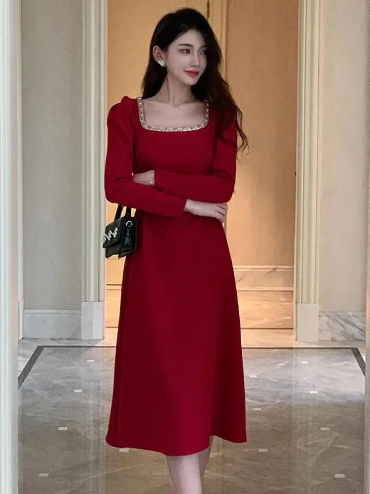ジッパー付きの女性の肌に密着した正午のドレス,スクエアカラー,赤,青,オフィス,ファッショナブルな服,エレガント,イブニングパーティー,秋,韓国,2023
