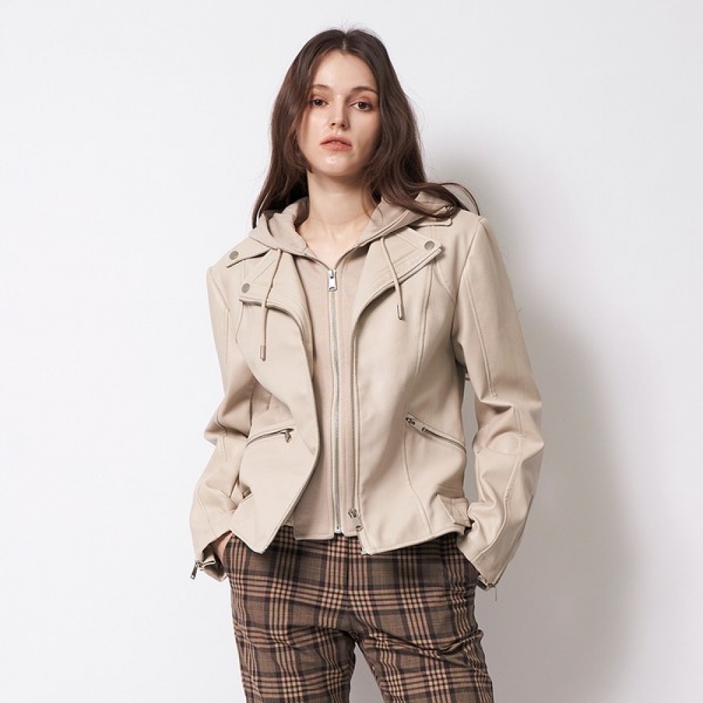 (LORソウル) フード付きジップアップエコレザーバイクジャケット_KSJK240815