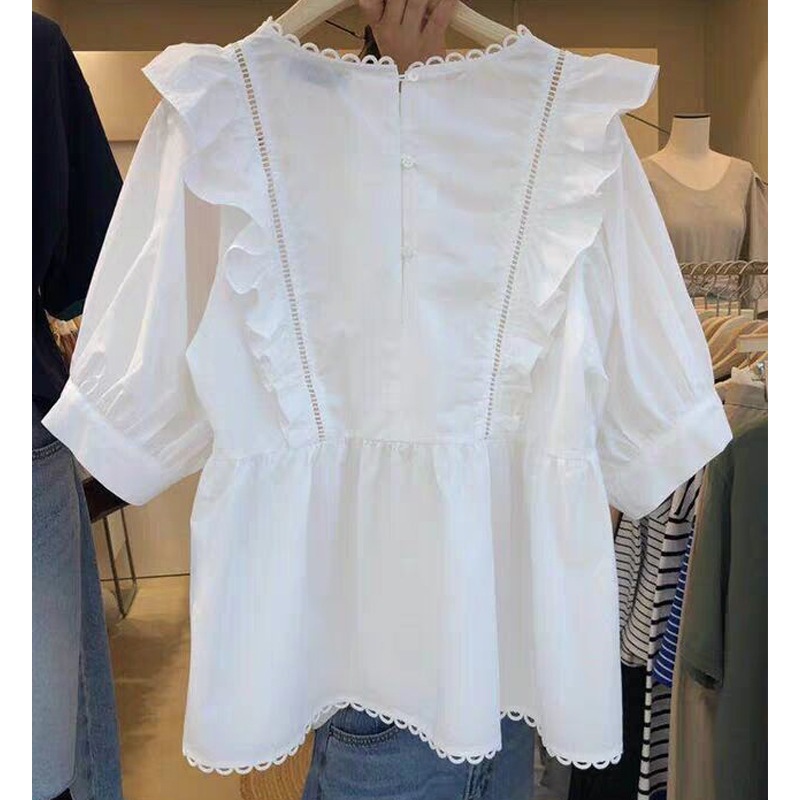 新しいシャツの女性の韓国語バージョンはラウンドネックの夏の半袖ブラウスを緩めます 円高還元 高質で安価