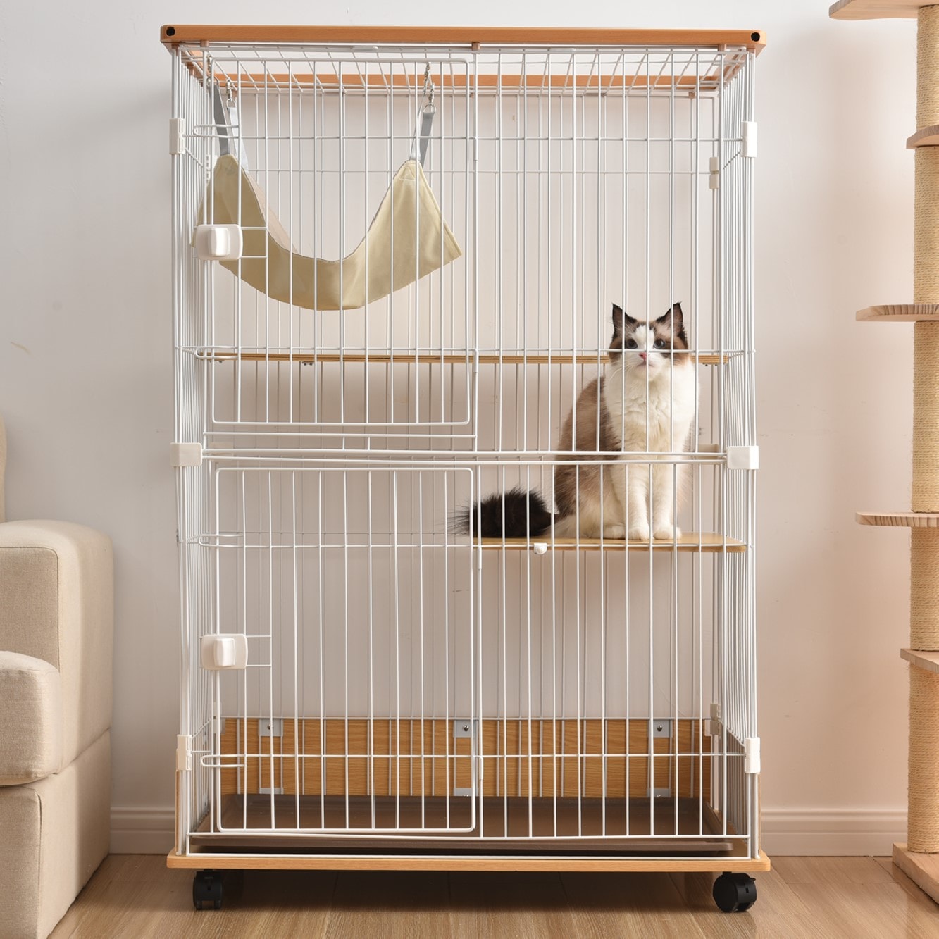 猫 キャットケージ 木製 二段 ナチュラル 1段2段可能 キャスター付 キャットハウス留守番 保護 脱走防止 多頭飼い