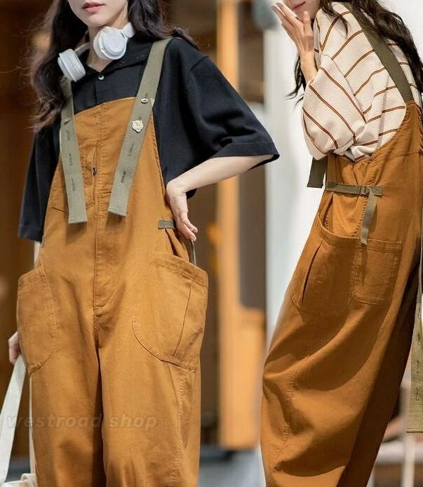 新作追加 着痩せは春服 秋服 春夏秋 ゆったり 無地 ボトムス ロング丈 ワイドパンツ オーバーオール 綿95% パンツ サロペット レディース