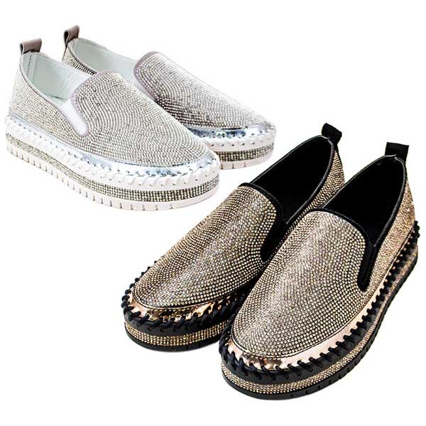 レディース シューズ 6050 スリッポンシューズ 厚底スリッポン プラットフォームタイプ キラキラ 輝くストーン ゴージャス 大人な お洒落 エレガント ブラック シルバー /RS/MR