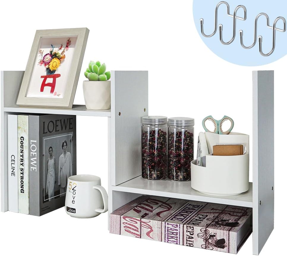 デスク上置き棚 木製 多種組み立て方式 自由自在伸縮可 日本語取付説明書付属 オフィス ホワイト