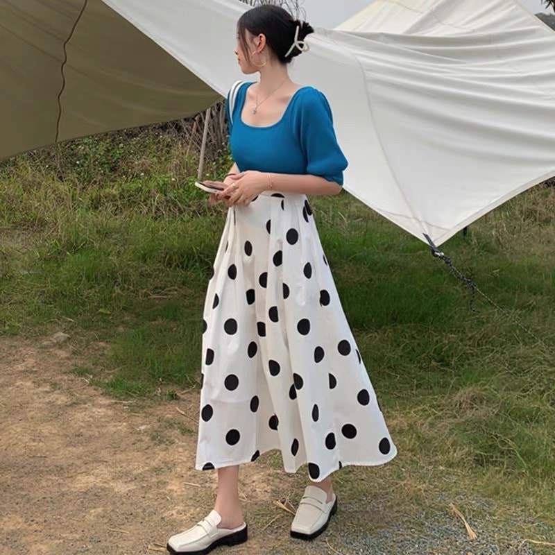スカート ボトムス ロング丈 フレア スリム ハイウエスト 大人可愛い きれいめ シンプル カジュアル おしゃれ レトロ 大人女子 こなれ感 ラブリー キュート ガーリー エレガント 存在感 ドット柄