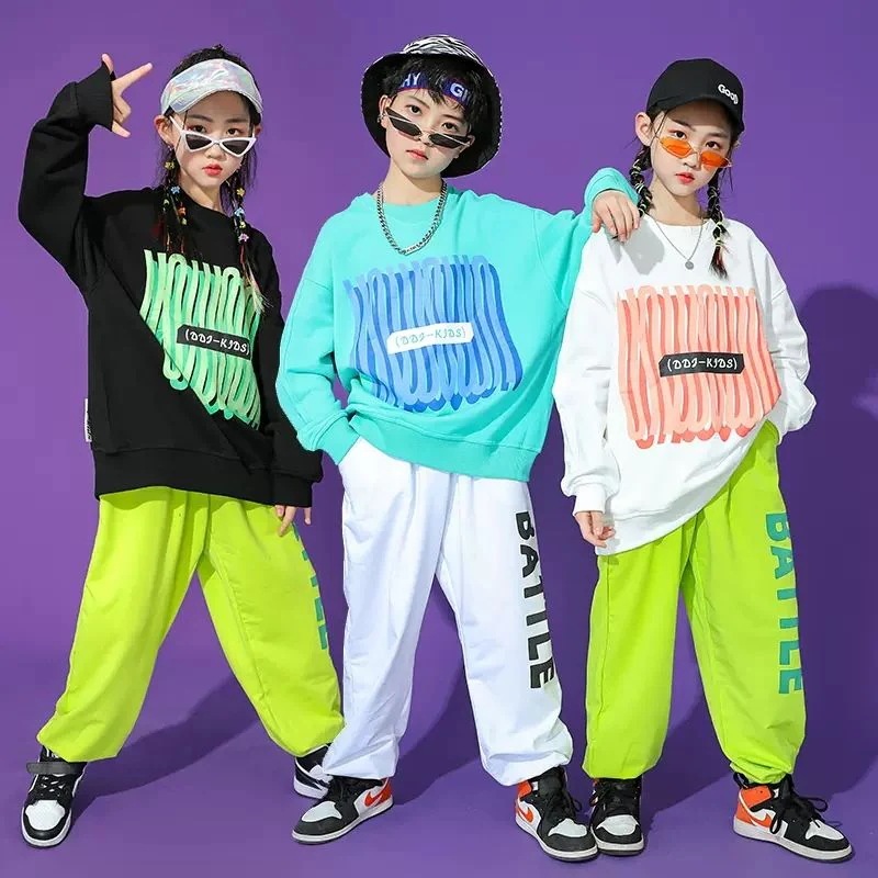 子供のジャズのダンスの街のダンスの長袖のスーツの男女の子供のゆったりしているhiphopのダンスのショーの服のフレームの太鼓の演出服