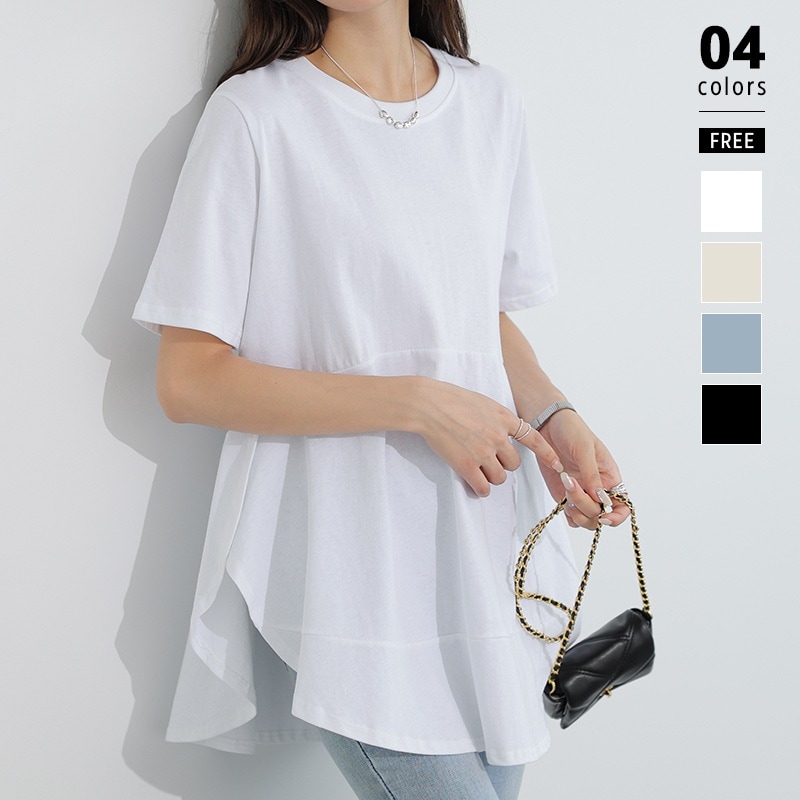 [迅速な配達][限時割!引!]tシャツ 綿100％ 半袖 ラウンドヘム カットソー レディース トップス チュニック 半袖Tシャツ 体型カバー シンプル 無地 クルーネック ペプラム コットン 綿 コ