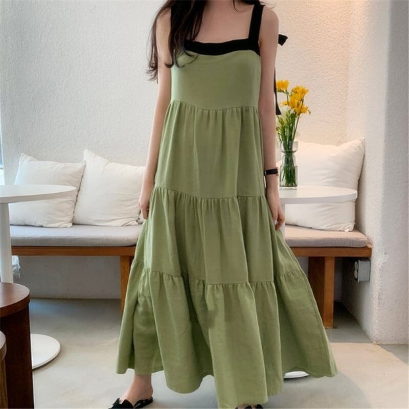 ワンピース 上着 人気 おすすめ おしゃれ お洒落 激安 安い プチプラ 肩出し ノースリーブ スクエアネック ふんわり Aライン 無地 リボン コットン 綿 可愛い かわいい 韓国 lon