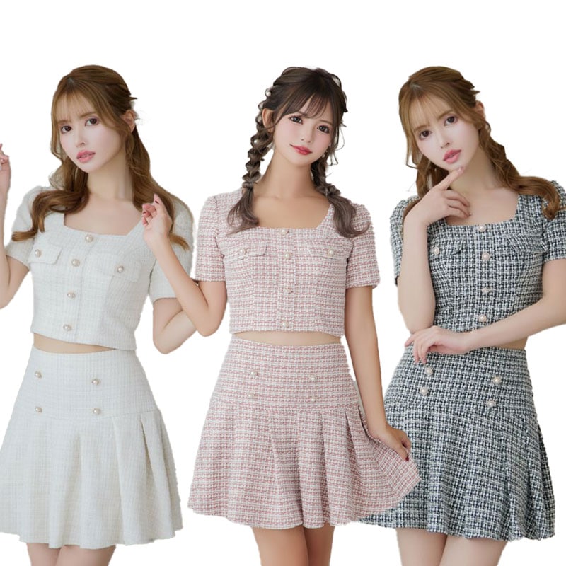 【SMLサイズ/3カラー】ツイード セットアップ プリーツスカート スクエアネック 袖あり 背中隠し ミニドレス キャバドレス [1302]