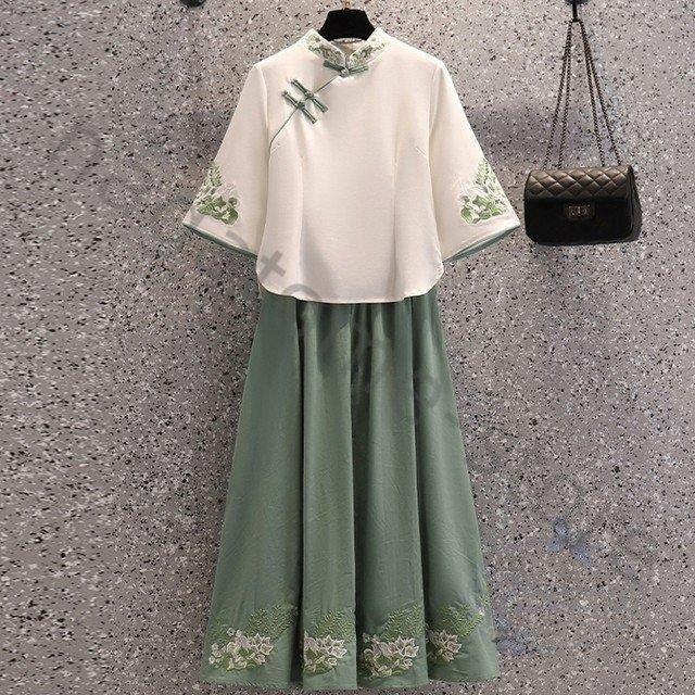 新製品の販促 出荷が迅速 レディースセットアップ秋カジュアル秋物20212ピース新作チャイナ風ツーピース半袖チャイナ風トップスロングスカート刺繍 注文すると211個のQポイントがプレゼントされます