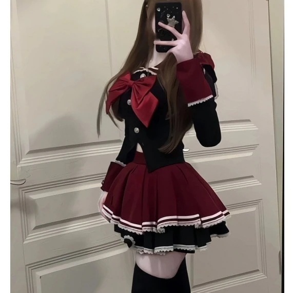 【急速発送】JK制服ネイビーリボントップスハイウエストスカート洋風2点セット制服秋の万能アイテム