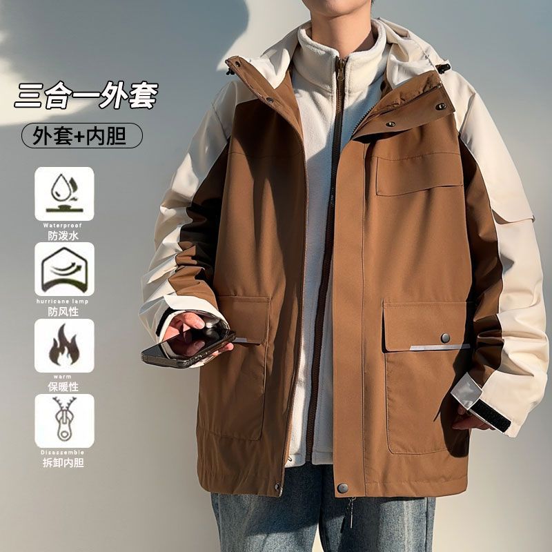 プラスサイズ 3イン1 フード付きウィンドブレーカージャケット メンズ 秋冬 フリース裏地 厚手 特大 ゆったり ワークジャケット