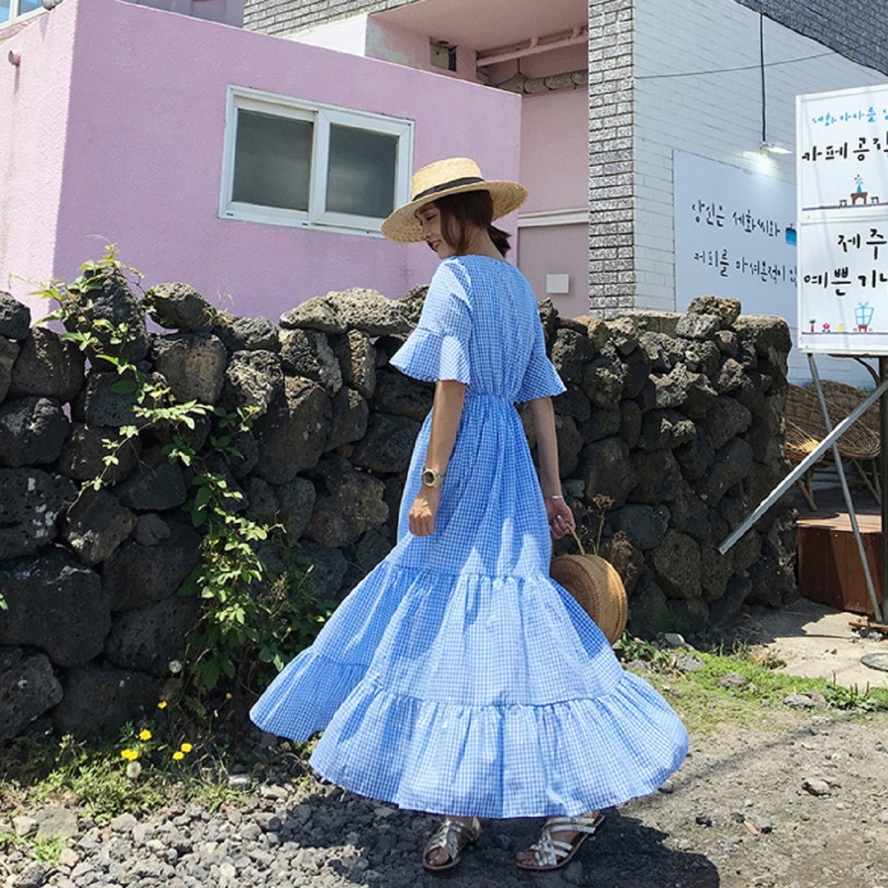 ワンピース ロング丈 夏 新作 袖あり 5分袖 フレアスリーブ Vネック カシュクール 5,260円