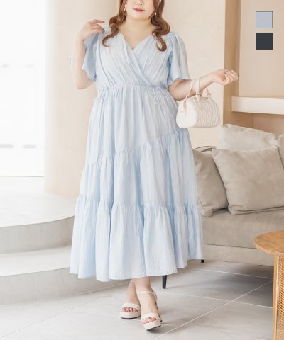 大きいサイズ レディース LL 3L 4L XL XXL XXXL CLETTEオリジナルフレア袖ギャザーワンピース