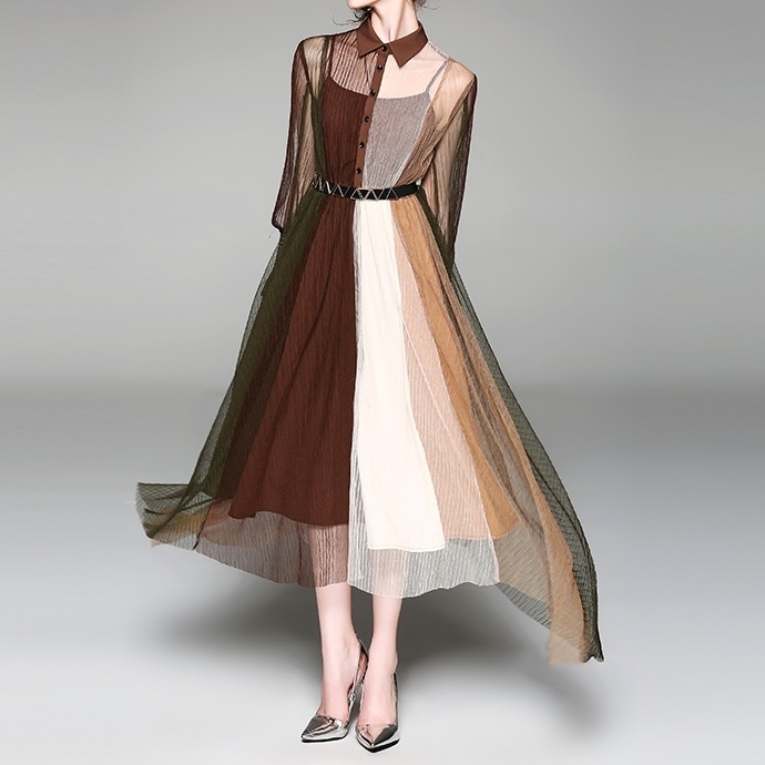 ワンピース レディース シャツワンピース S M L XL 2XL 韓国 長袖 フレア スリム Aライン メッシュ カラーブロック ストライプ ウエストマーク かわいい 大人可愛い きれいめ シンプル