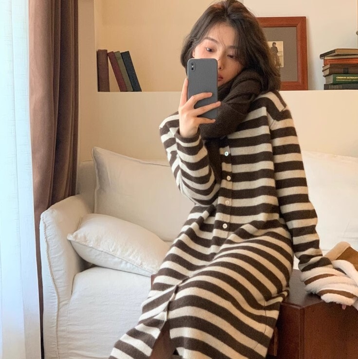 ワンピース ボーダー ニットワンピース ワンピドレス ロング丈 Vネック ニット かわいい 大人可愛い きれいめ カジュアル 大人 上品 おしゃれ お洒落 かっこいい 大人女子 ラブリー キュート