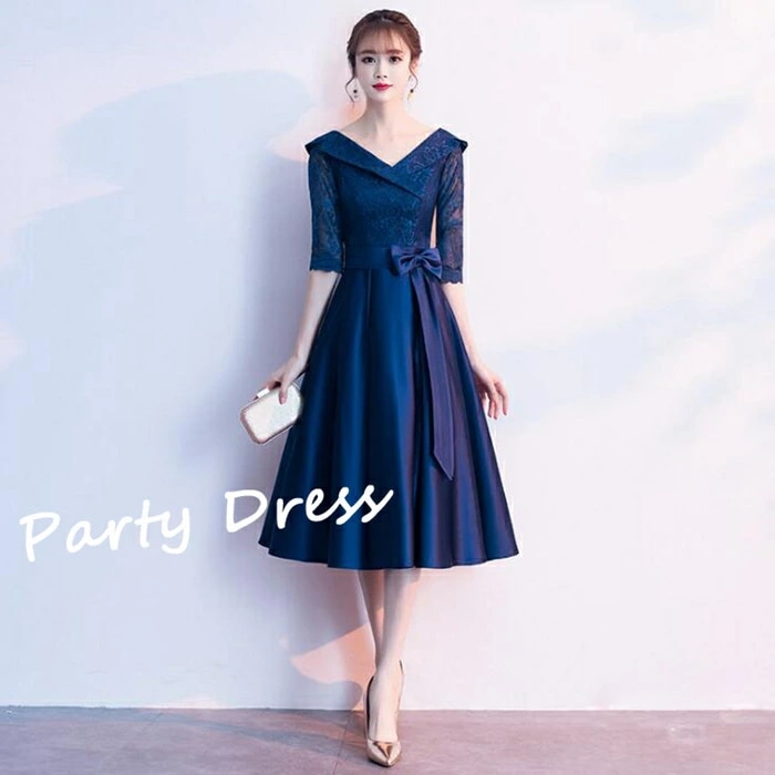 【即納】パーティードレス ミモレ丈 結婚式ドレス Vネック 結婚式 ワンピース パーティドレス お呼ばれドレス 袖あり 袖 ニ次会 フォーマル リボン セレブ 二次会 パーティ 2次会 パーティードレ