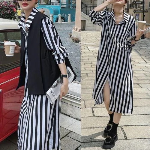 【急速出荷 2025年新作】シャツワンピース ストライプ ロング 韓国 ベスト ジレ レディース ワンピース スタンドカラー 春 秋 長袖 ミモレ丈 ひざ下丈 可愛い ペスト カジュアル アメカジ フ 8,573円