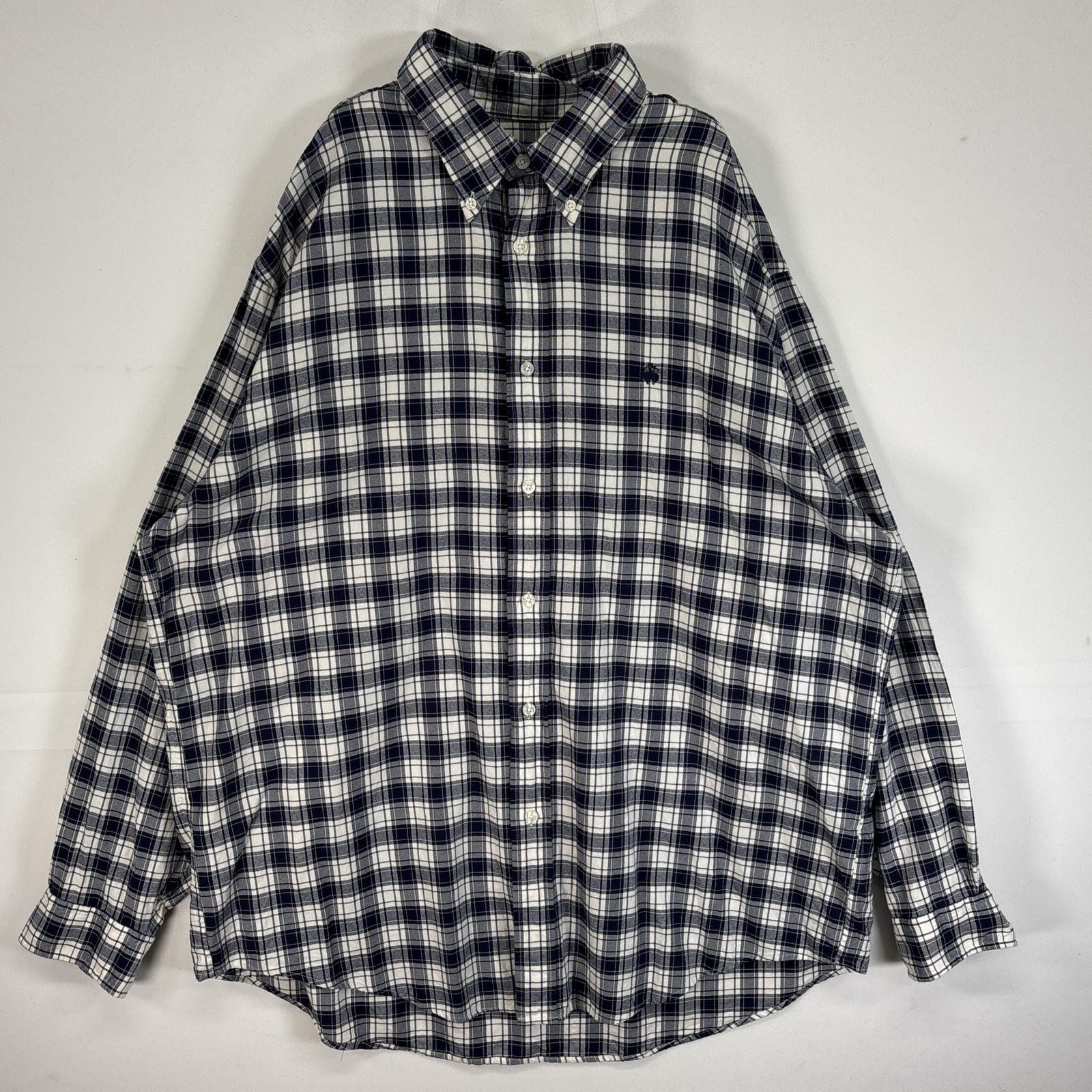 古着 長袖シャツ ロゴ 刺繍 MADISON ボタンダウン XL ネイビー系 チェック メンズ