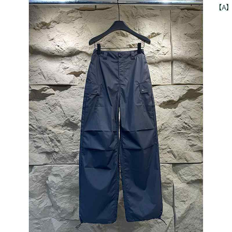 カーゴパンツ　メンズ　レディース ストリート レトロ ネイビーブルーの オーバー オール マルチ ポケット ワイド レッグ ハイウエストの 折り返し 付き パラシュート カジュアル パンツ レディース