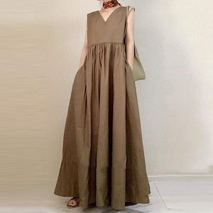 両面で着られる リネンワンピ  Vネック 大きい側袋 ロング韓国ファッション ワンピース ノースリーブ 綿麻 レディース ワンピ