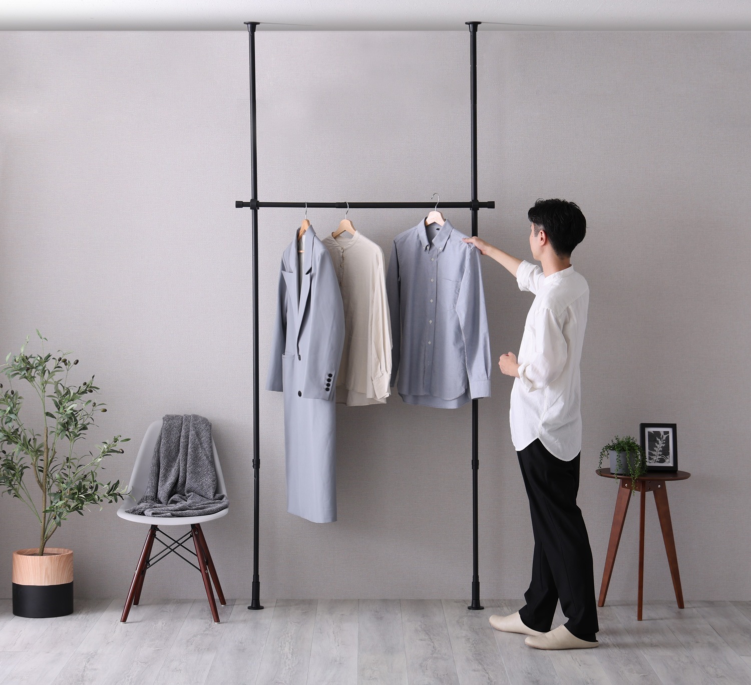 ハンガーラック 突っ張り スリム 洋服掛け おしゃれ シンプル ワードローブ クローゼット つっぱり 1段 幅200cm
