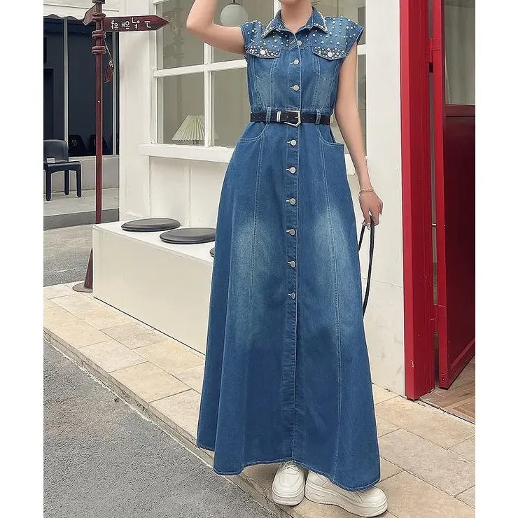 パール袖なしロング襟付きベルト付きデニムワンピース