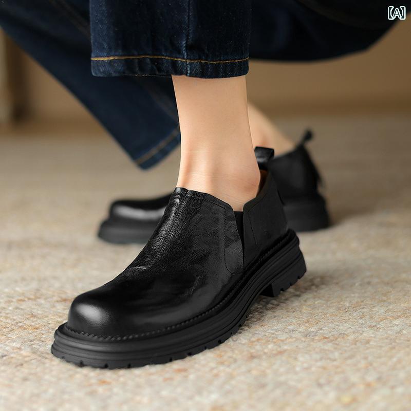 ローファー レディース 歩きやすい 通勤 通学 女性用 柔らかい シープスキン 厚底 フラットソール シューズ レトロ ブラウン スリッポン 英国 深口 革靴