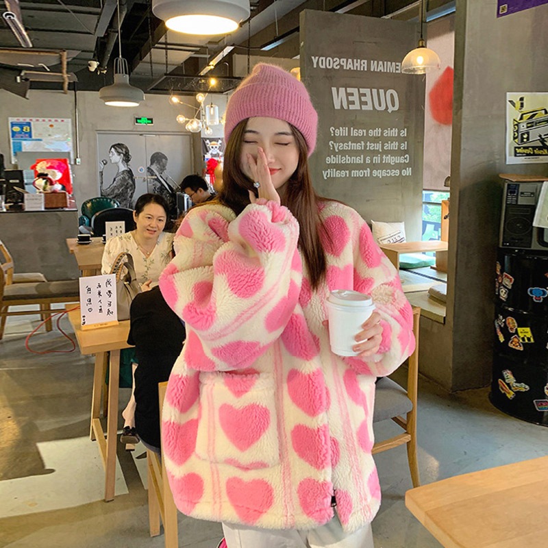 ハート柄ボアコート ボアコート. ボアジャケット ボア コート ジャケット アウター 厚手 ウールコ