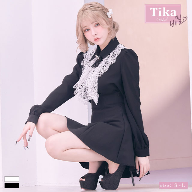 韓国 キャバ ドレス リボン 襟 長袖 フレア aライン ミニドレス 大人 キャバドレス 袖あり 大きいサイズ キャバクラ ミニワンピ キャバ嬢 可愛い ホワイト ブラック 白 黒 激安 キャバワンピ