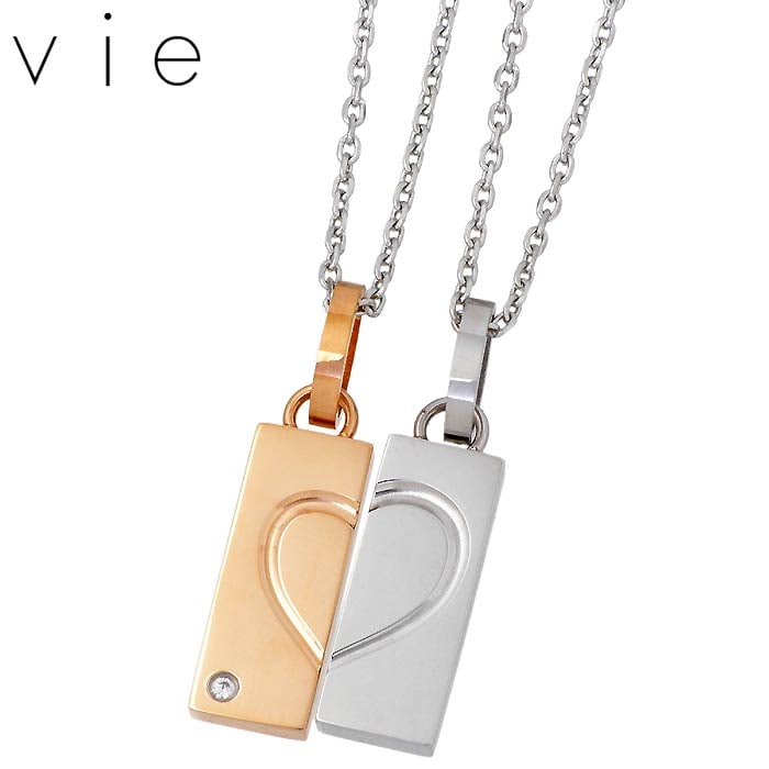 ヴィー vie ステンレス ペア ネックレス プレート キュービック ピンク 金属金属アレルギー対応 14,960円