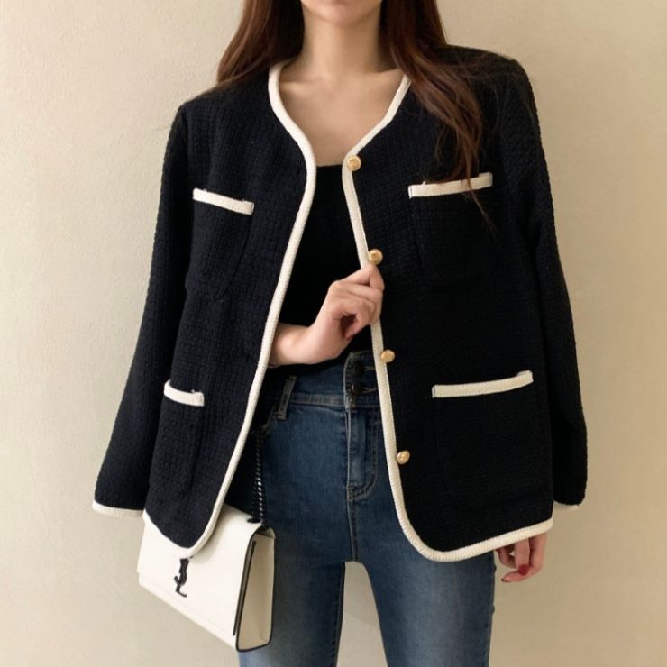 ノーカラー長袖パイピングジャケット ノーカラー長袖パイピングジャケット ジャケット レディース