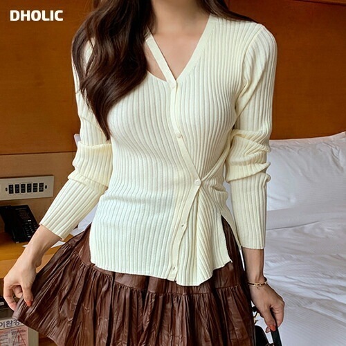 [メガ割りSALE]2WAYスリットVネックリブカーディガン・p683644