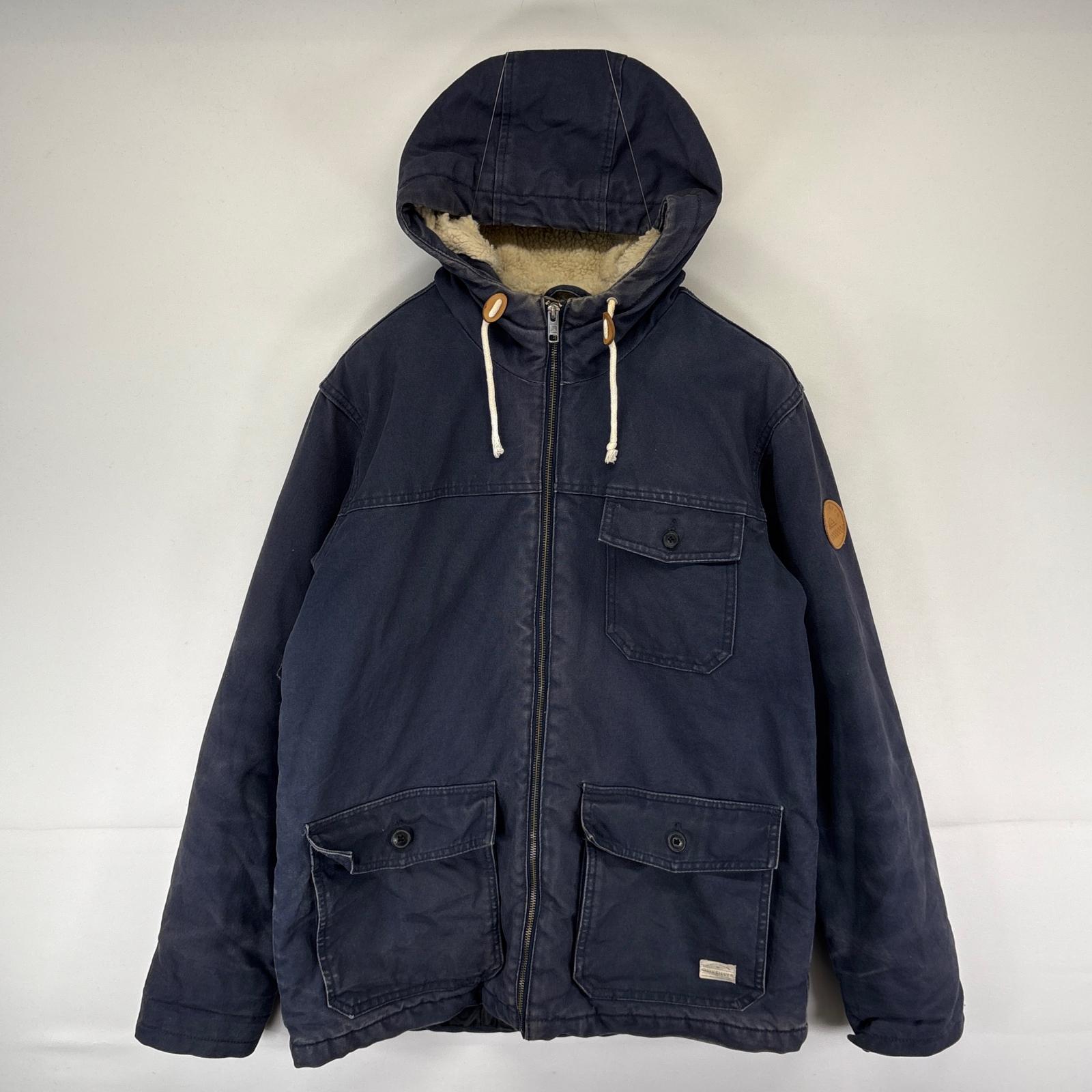 古着 ダックジャケット パーカー フルジップ ボア ワンポイントロゴ カバーオール M ネイビー メンズ