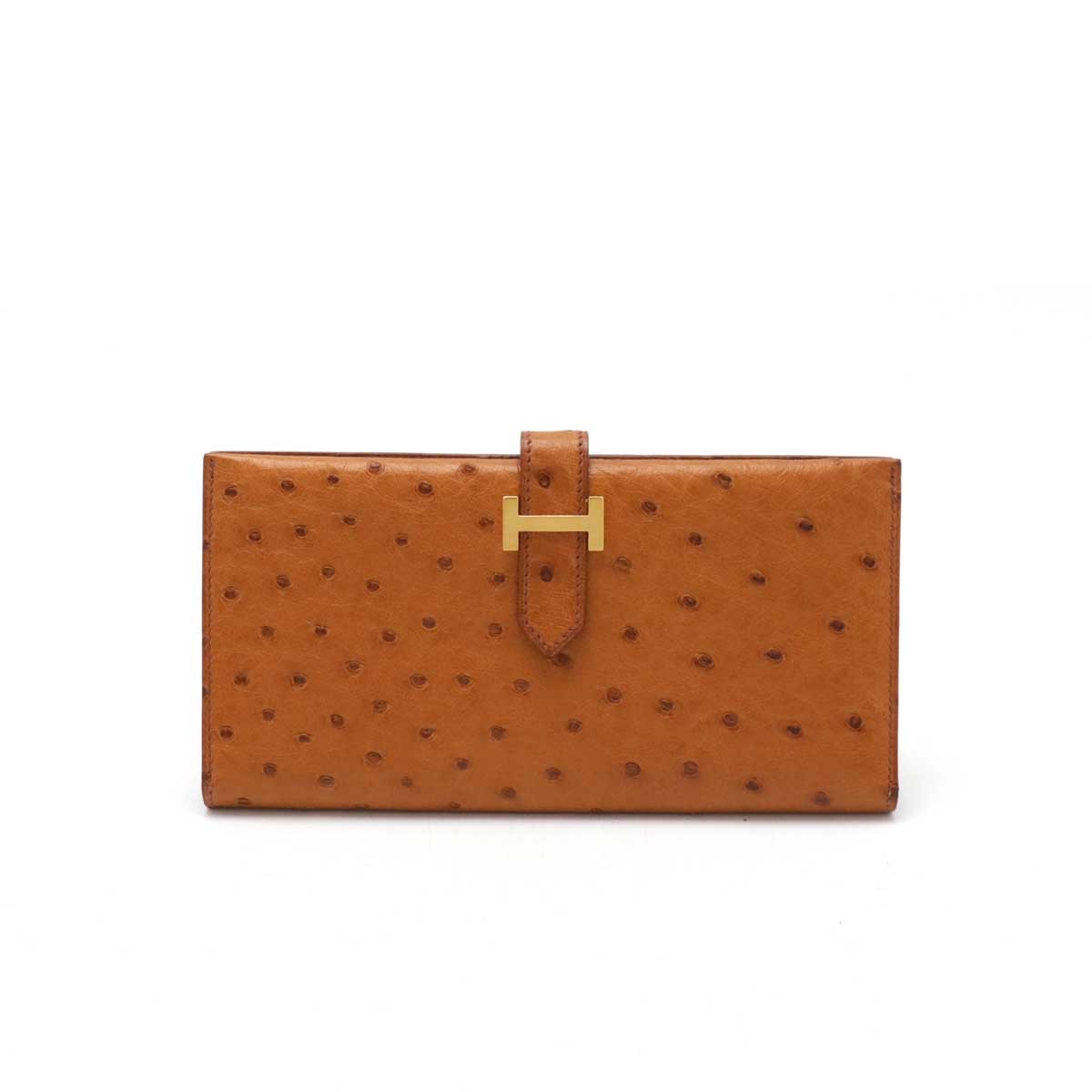 ベアン クラシック 2つ折長財布 二つ折り長財布 オーストリッチ レザー ライトブラウン ゴールド金具 A刻