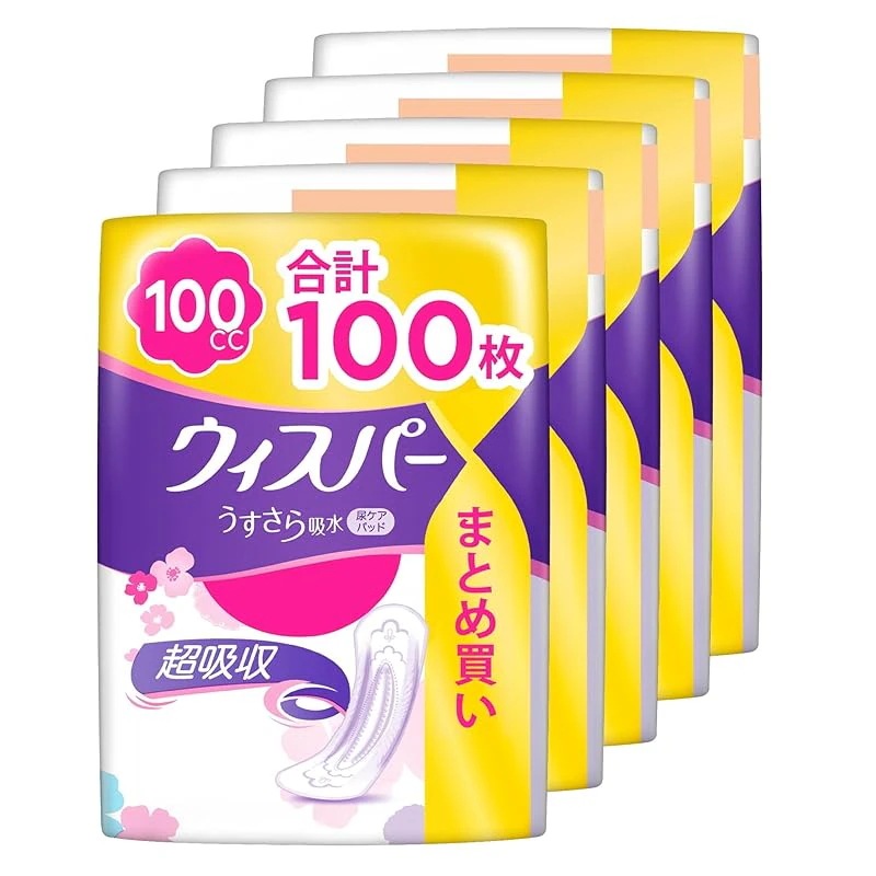 【即納】ウィスパー うすさら吸水 100cc 100枚 (20枚×5パック) (尿漏れパッド 尿とりパッド 女性用)【中量用】