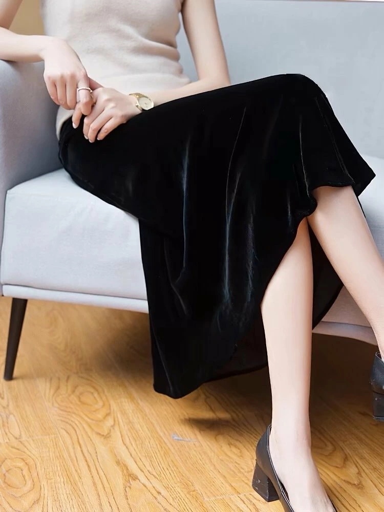 高級 ベルベット スカート ブラック ミディ丈 フレアデザイン ウエストゴム 大人上品 秋冬コーデ シンプル スリムフィット S M L 通勤 カジュアル おしゃれ