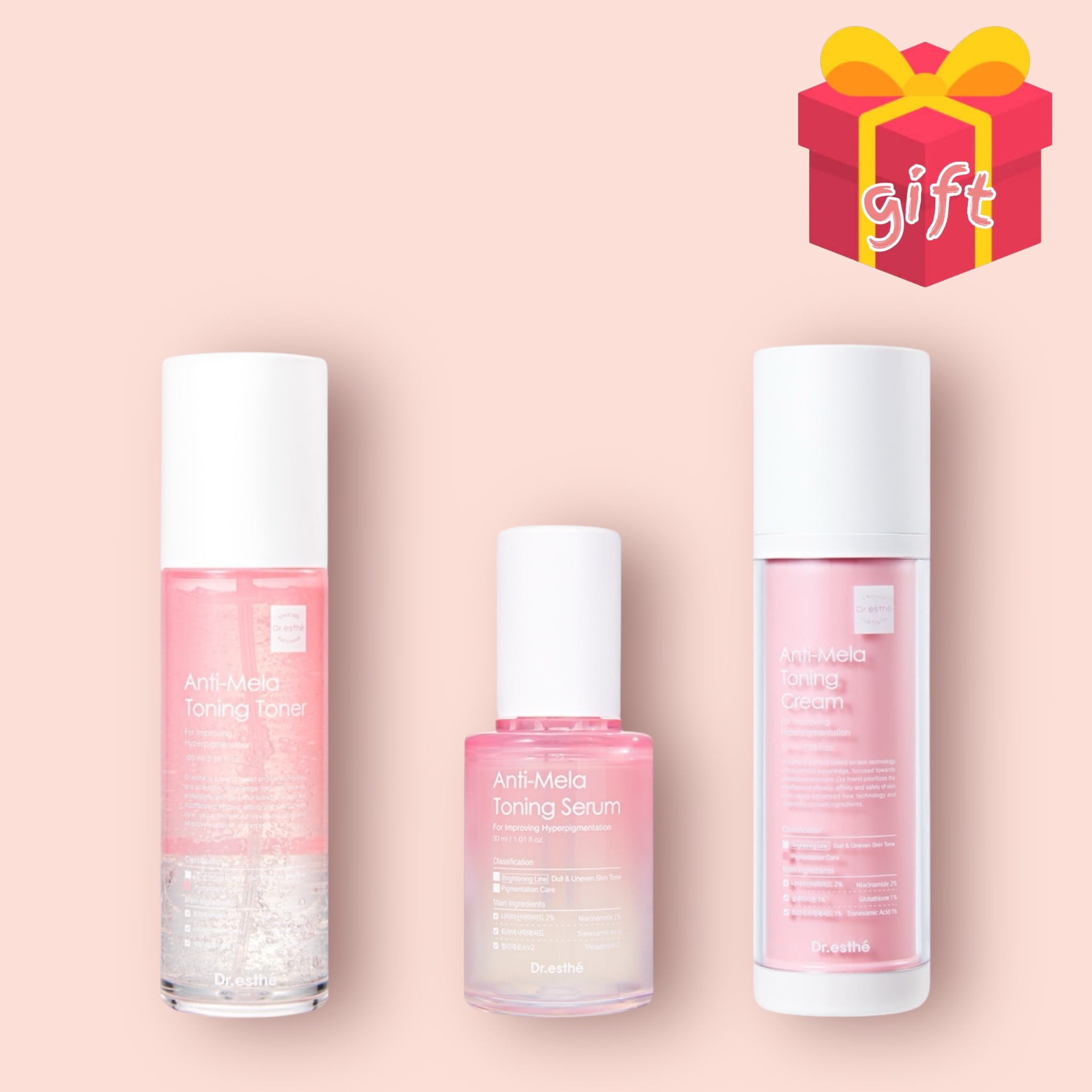 Dr.esthe Anti-Mela Toning 3 Step Set - Glowing Whitening Routine -Toner + Serum + Cream