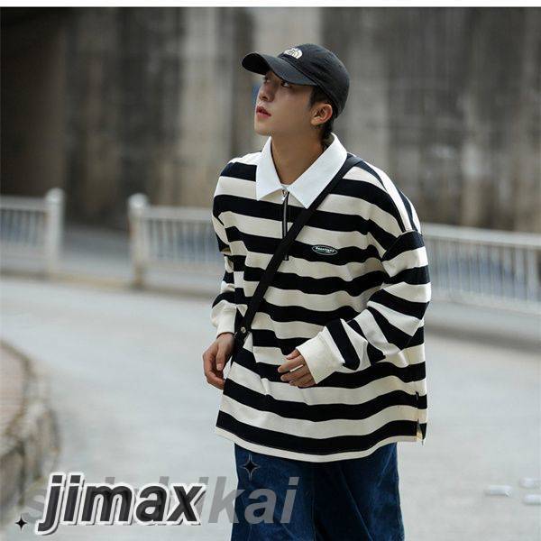 ハーフジップ 長袖Tシャツ 男女兼用 横縞 襟付き ロング丈 おしゃれ ゆったり ポロシャツ トップス 韓国風 メンズ レディース