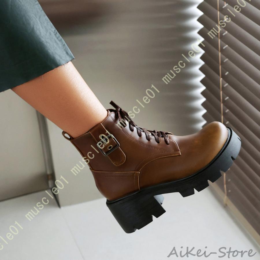 ショートブーツ レディース 編み上げ 厚底 ショートブーツ ジッパー 袴 ブーツ カッコイイ スクエアヒール 純色 ビジネス ブーツ レースアップ