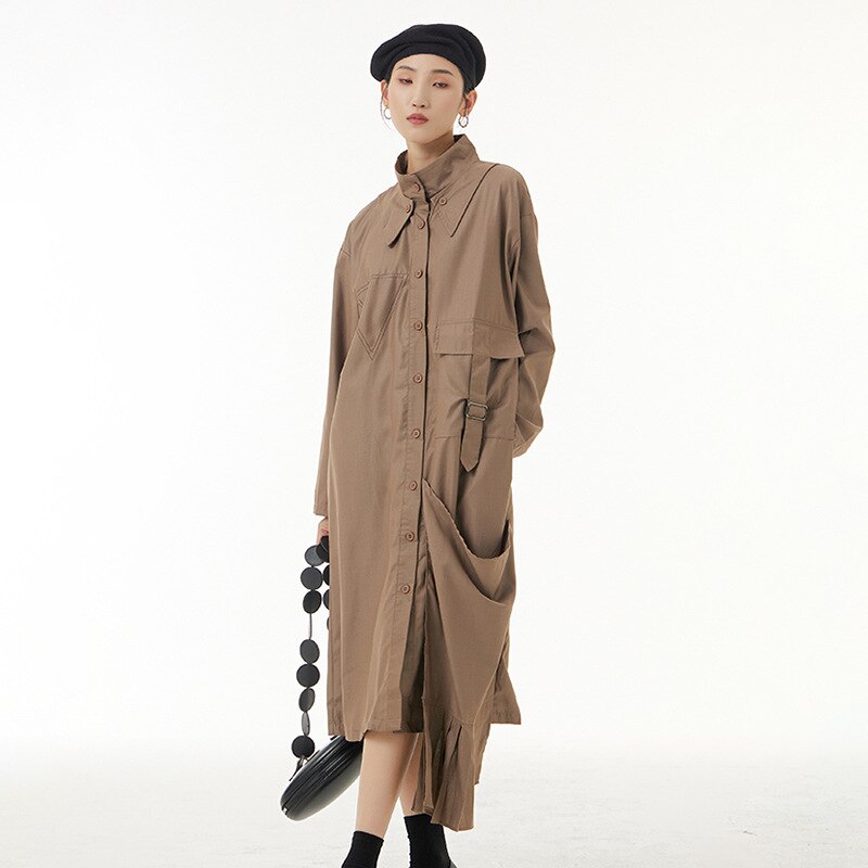 可愛いハイネックシャツワンピース長袖カーディガン韓国ファッションレディース秋服ロング無地合わせやすい着痩せ効果美脚 母の日