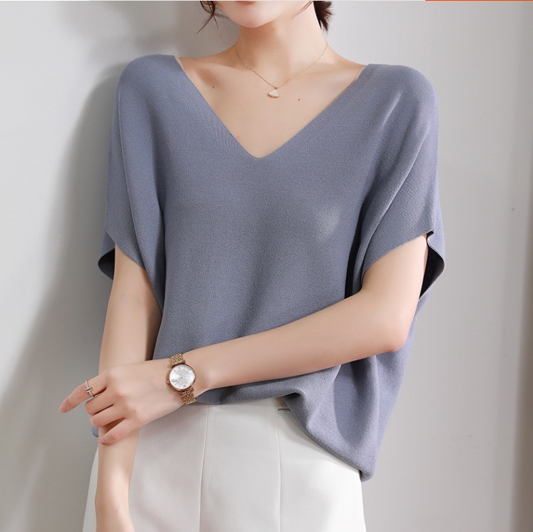 Vネックニットトップス 夏ニットセーター カジュアルニットトップス ラフデザイントップス トップス シャツ ニットソー セーター プルオーバー 白トップス 袖あり 半袖 5分袖 五分袖 Vネック